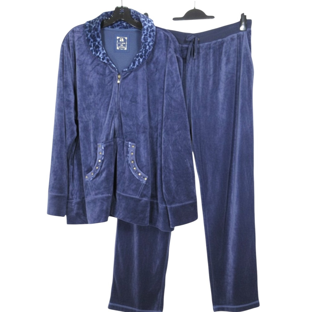 NWT A ACTIVOLOGY Blue VELOUR Cheetah Trim TRACKSUIT SET Full Zip JACKET/PANTS 2X